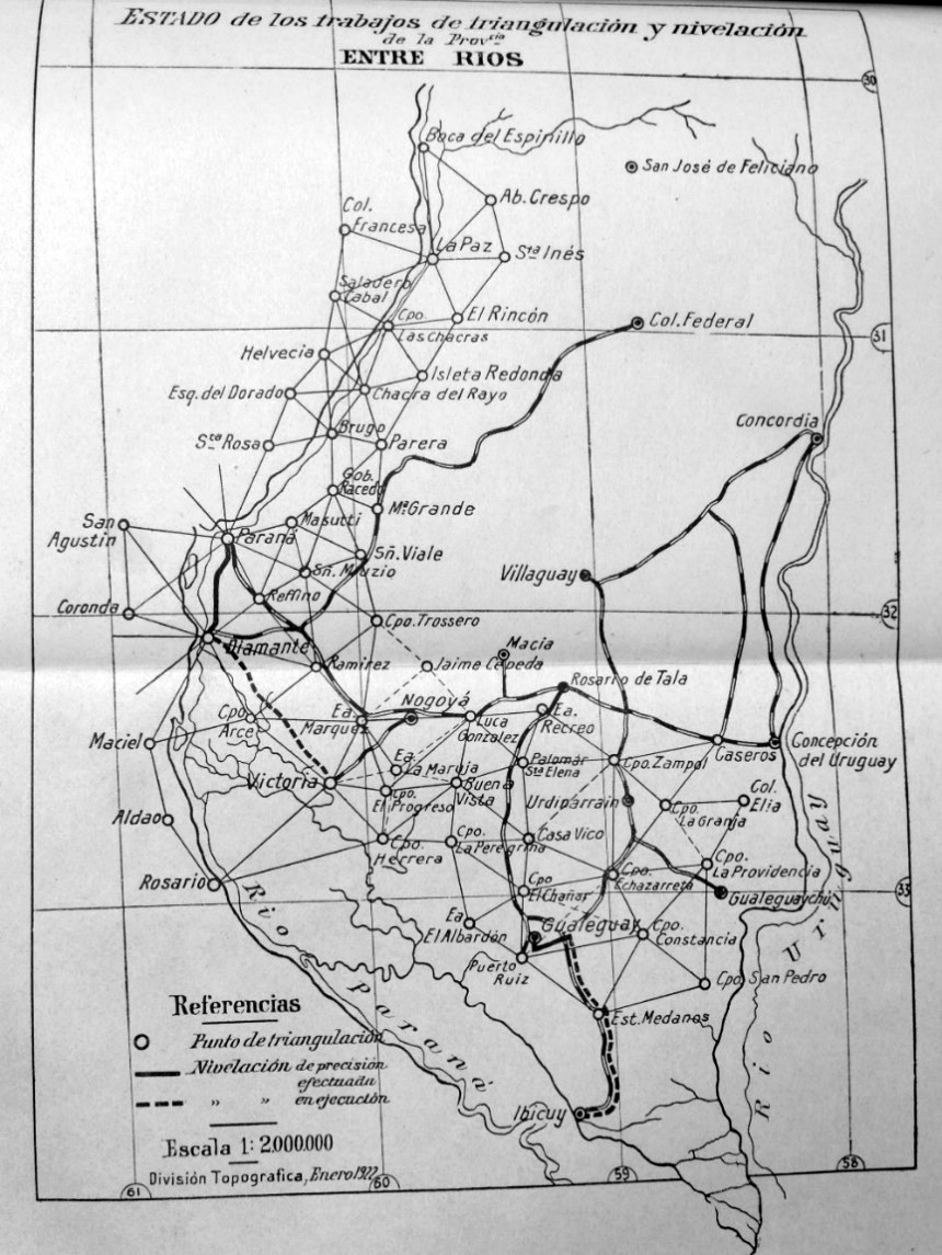 Mapa de Entre
Ríos con la triangulación y nivelación realizado por el Instituto Geográfico
Militar, 1920 

   

 