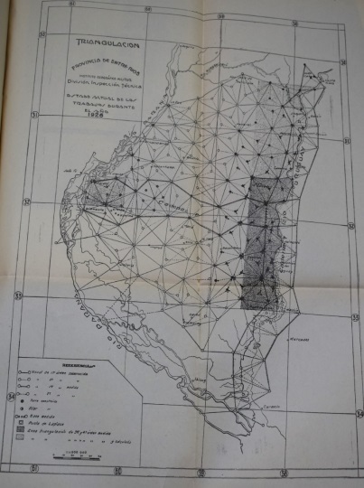 Mapa de Entre Ríos
con la triangulación y nivelación realizado por el Instituto Geográfico
Militar, 1920