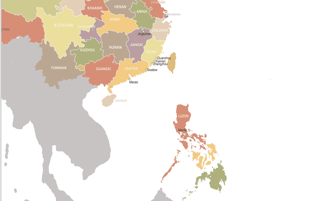 Mapa de las provincias de China y Manila, y ciudades comerciales. Dise&ntilde;o de la autora