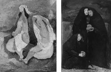 Figuras, 1953, &oacute;leo sobre tela (ubicaci&oacute;n desconocida) / Las viudas, 1951, &oacute;leo sobre tela (ubicaci&oacute;n desconocida).