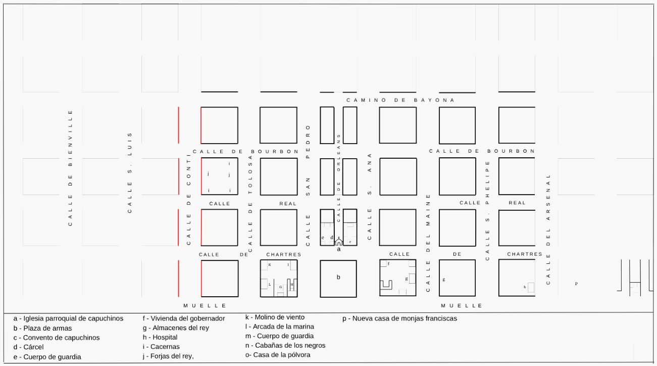 Mapa de la traza urbana de Nueva Orleans con énfasis en la calle Conti
