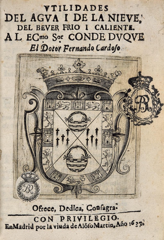 Portada de Fernando Cardoso, Utilidades del agua y de la nieve, 1637.