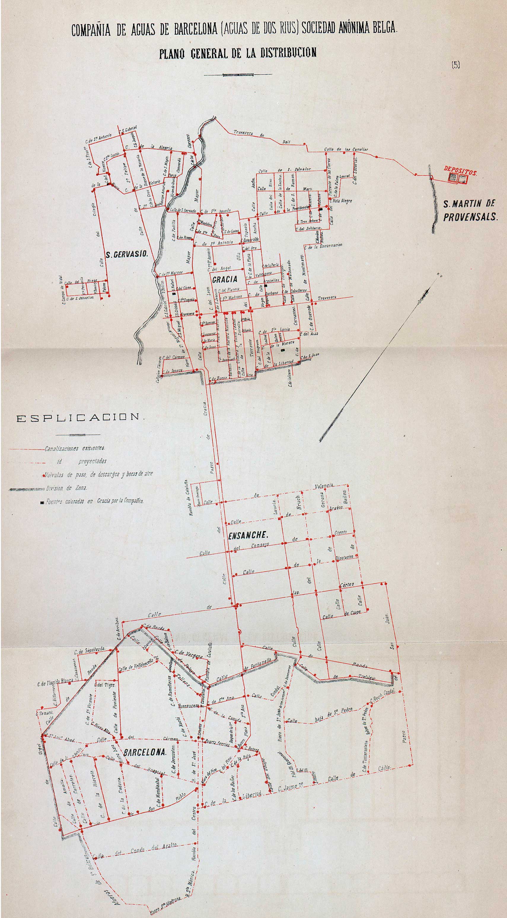 Plano general de distribución de la Compañía de Aguas de  Barcelona, 1873.