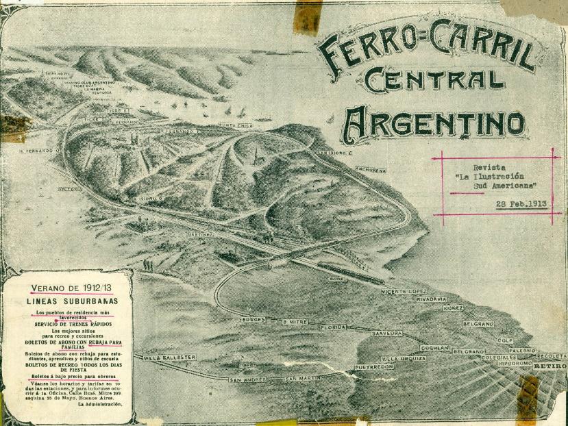 Publicidad del Ferrocarril Central Argentina de las líneas
  suburbanas para el verano de 1912/13