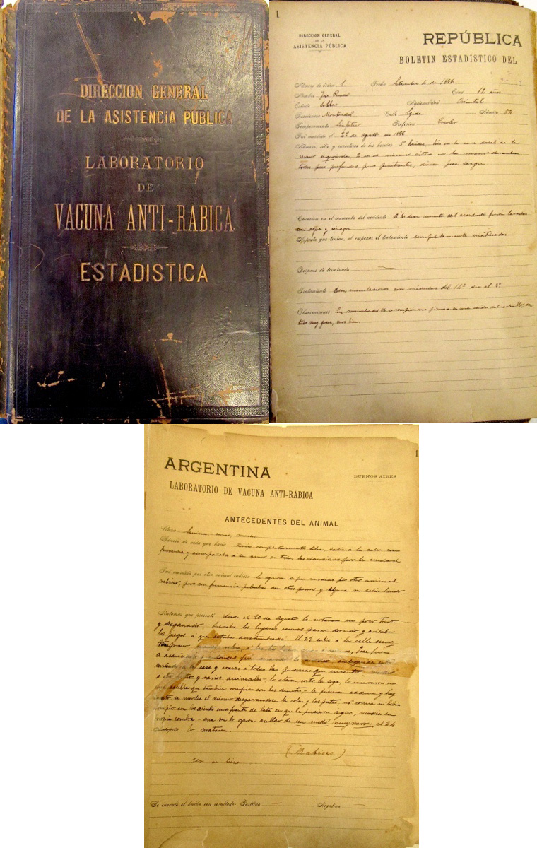 Tapa y primeras dos páginas [con la ficha de José Pinedo] de “Dirección General de Asistencia Pública. Laboratorio de vacuna anti-rábica. Estadística”, Volumen 1