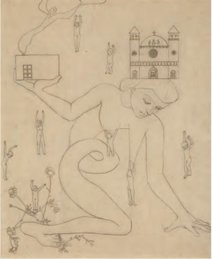 Amalia Polleri, Mujer, 1942, lápiz y tinta s/papel, 38,5 x 42,5 cm.