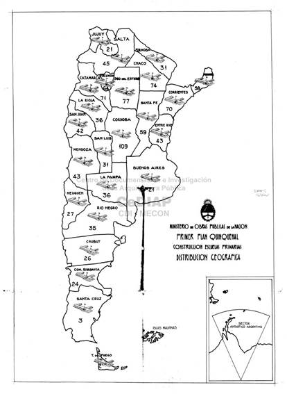 Distribución geográfica de las escuelas primarias a construir en el marco del Primer Plan Quinquenal.
