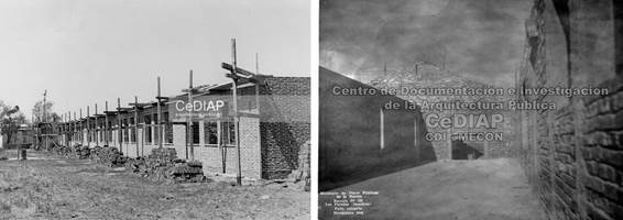 Adaptaciones regionales: imágenes de control de avances de obra realizadas por técnicos regionales en las que se aprecian diferencias estructurales entre una escuela de Rosario, n° 225 en María Teresa y otra de Mendoza, n° 125 en Las Paredes