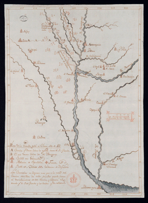 Mapa 1: representaci&oacute;n de la planificaci&oacute;n de la entrada general al Chaco de 1759 por Pedro de Cevallos, con los rumbos previstos de las diferentes columnas.