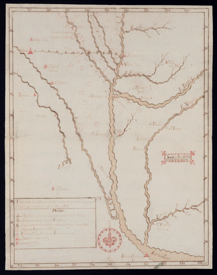 Mapa 2: representaci&oacute;n de la planificaci&oacute;n de la entrada general al Chaco de 1759 por Pedro de Cevallos, con los rumbos previstos de las diferentes columnas (intervenido).