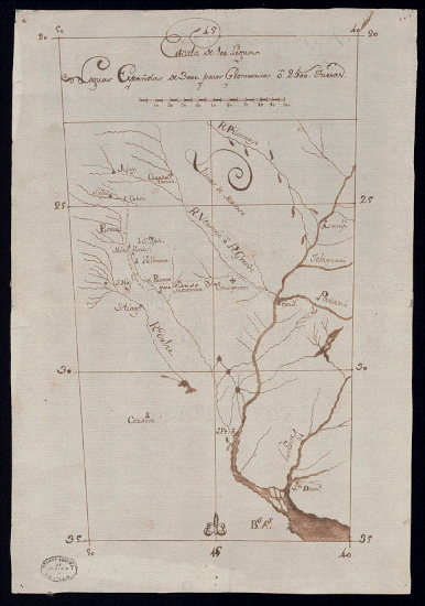 Mapa 4: representaci&oacute;n de la planificaci&oacute;n de la expedici&oacute;n al Chaco de 1759 por Joaqu&iacute;n de Espinosa, con el rumbo previsto sobre Macomita